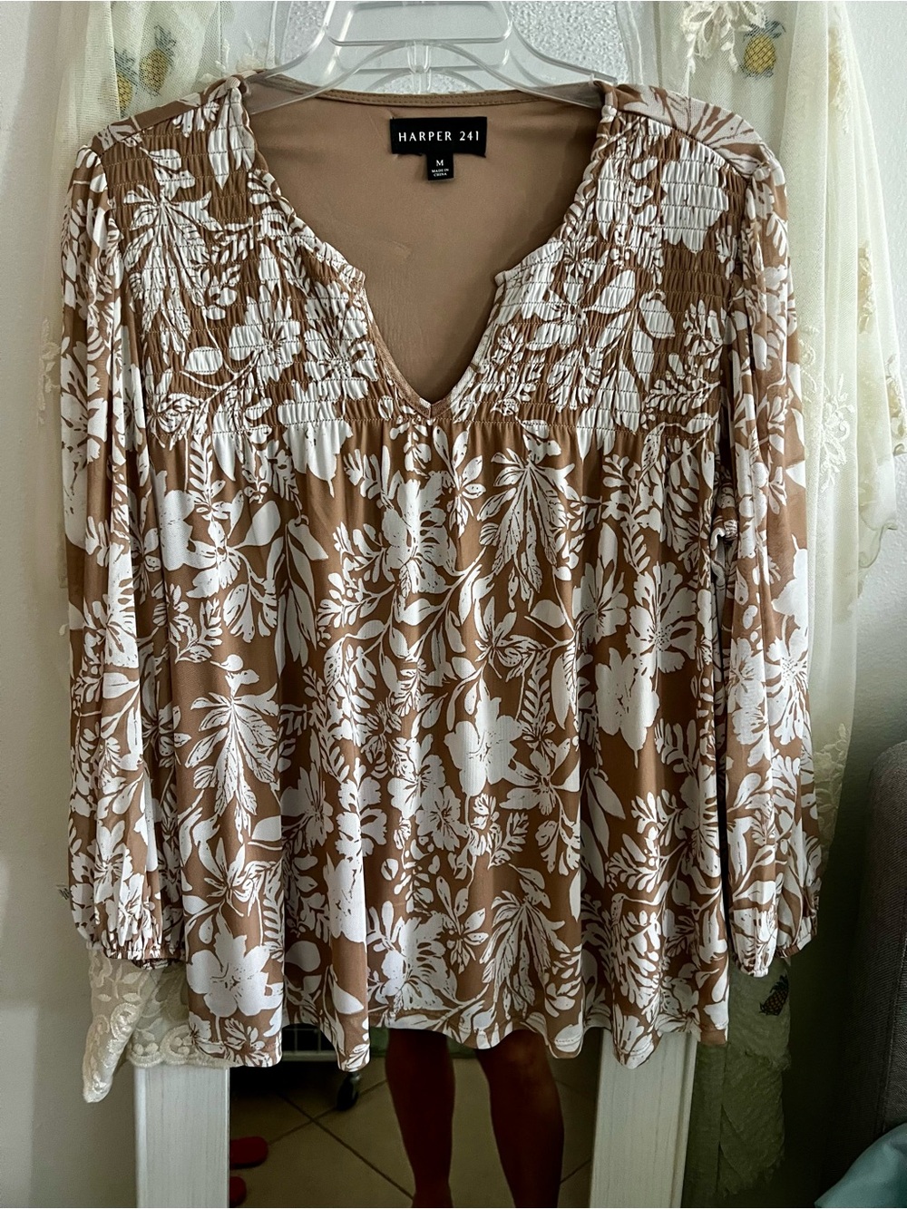 Harper White and Tan Floral Smocked V-Neck Blouse